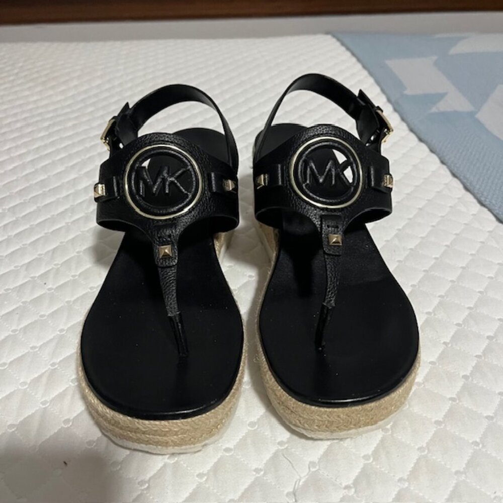 Michael Kors Aubrey Cutout Black Leather Wedge Sandal Size 8